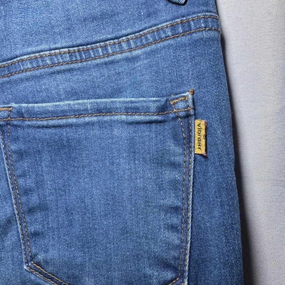 Vibrant MIU Women Blue Distressed High Rise Button Fly Flare Jeans Size 9 W28